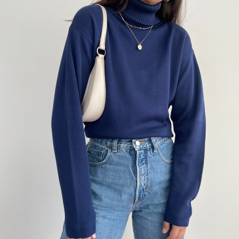 Vintage Belford 100% silk knit long sleeve turtleneck sweater in navy blue L - Picture 1 of 11
